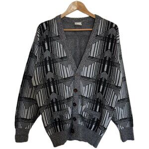 Vintage Cardigan Sweater Men M/L Grey Black 90s Geo Print Aztec Grandpa Retro